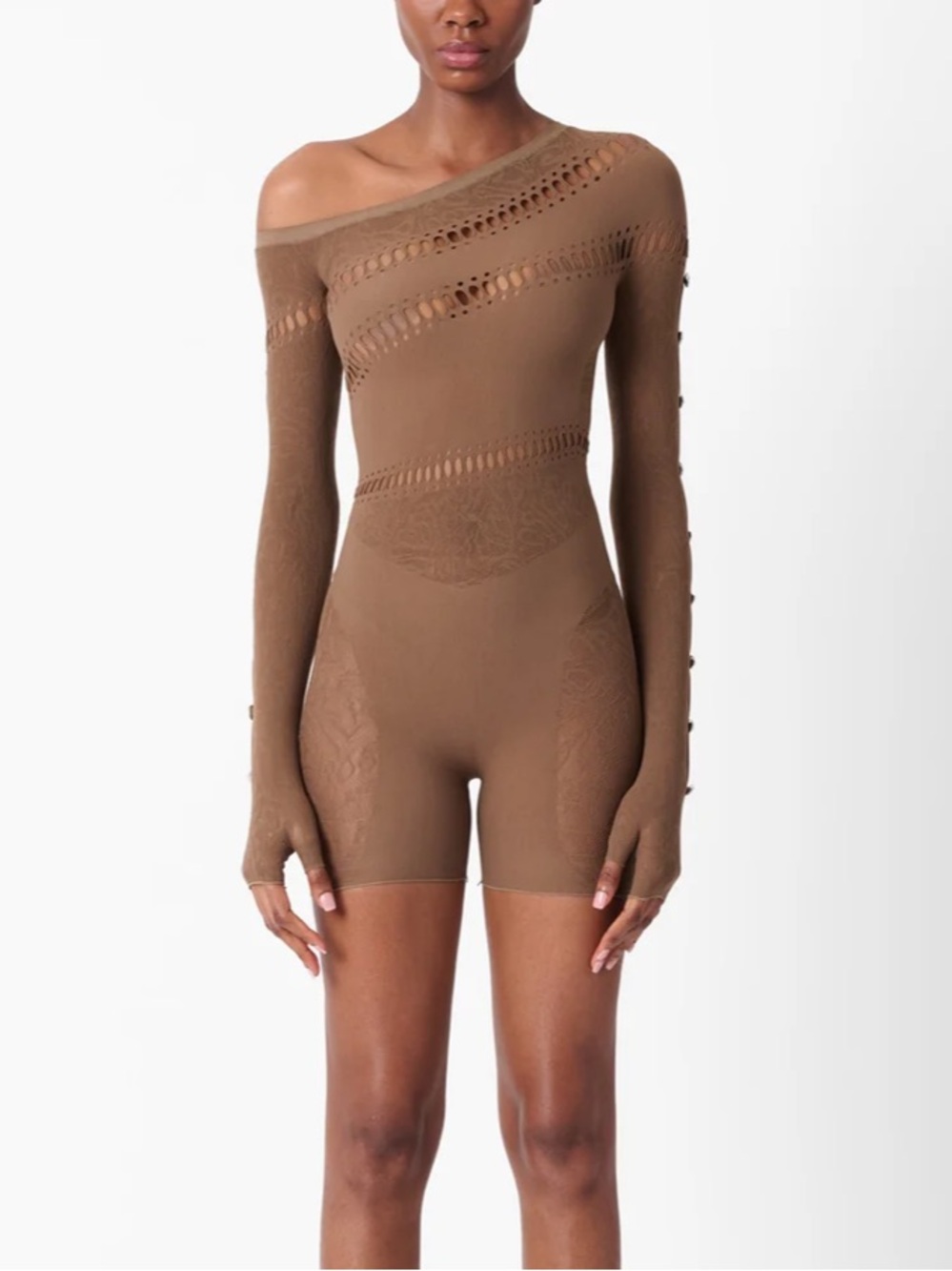 POSTER GIRL IVY JUMPSUIT KAHLUA BROWN One-Shoulder romper Knit Bodysuit OS